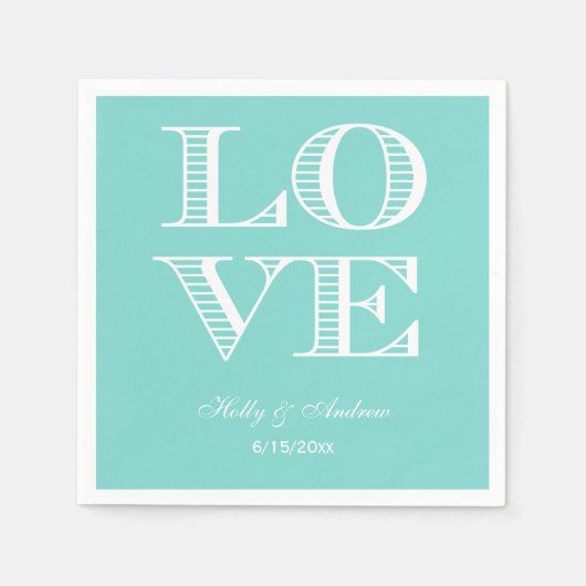 Turquoise Aqua, Witte LOVE Servetten (Voorkant)