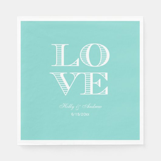 Turquoise Aqua, Witte LOVE Servetten (Voorkant)