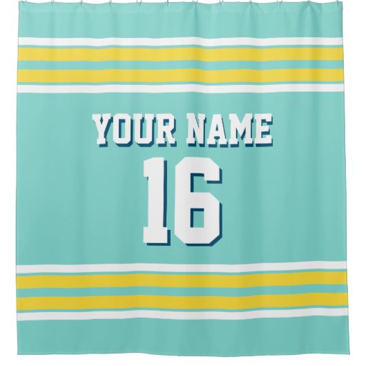 Turquoise Aqua Yellow White Stripes Sporttrui Douchegordijn (Voorkant)