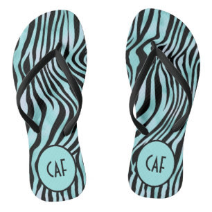 Turquoise Aqua Zwart Zebra Dierenprint Monogram Teenslippers
