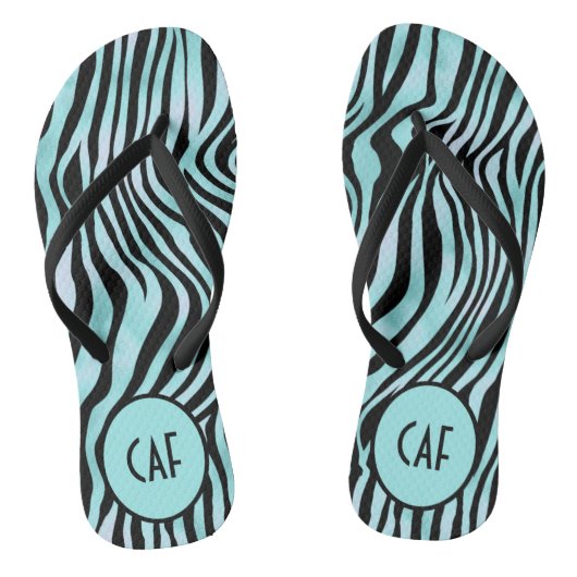 Turquoise Aqua Zwart Zebra Dierenprint Monogram Teenslippers (Voetbed)
