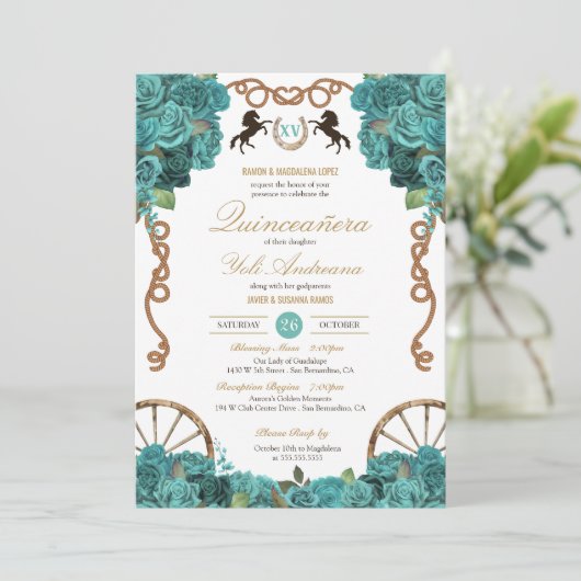 Turquoise Aquamarijn Western Charra Quinceañera Kaart (Staand voorkant)