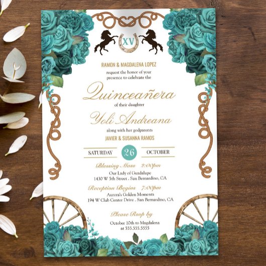 Turquoise Aquamarijn Western Charra Quinceañera Kaart