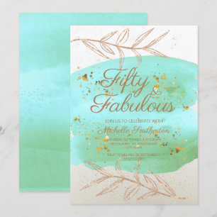 Turquoise Aquarel Ivoorkleurig en Goud Stof 50ste Kaart