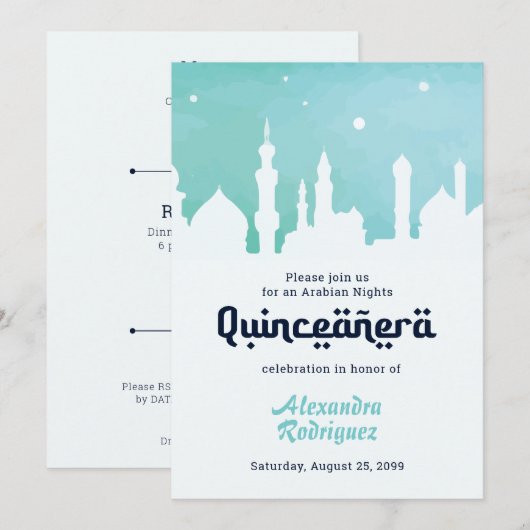 Turquoise Arabian Nights Waterverf Quinceañera Kaart (Voorkant / Achterkant)
