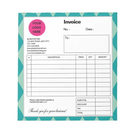 Turquoise Argyle Company Business Shop Factuur Notitieblok (Voorkant)