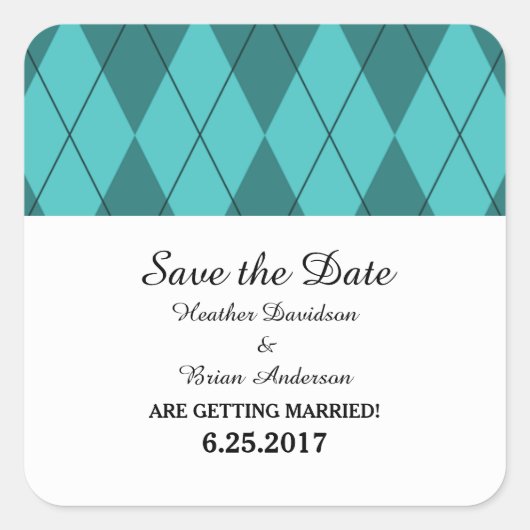 Turquoise Argyle Save the Date Stickers (Voorkant)