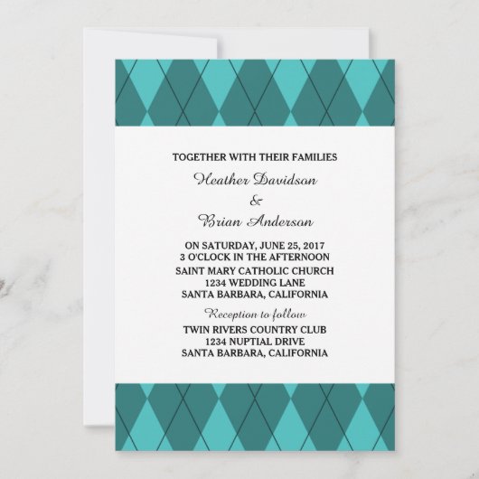 Turquoise Argyle Wedding Invite Kaart (Voorkant)