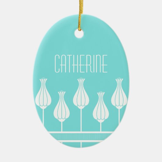 Turquoise Art Deco Floral Oval Ornament (Voorkant)