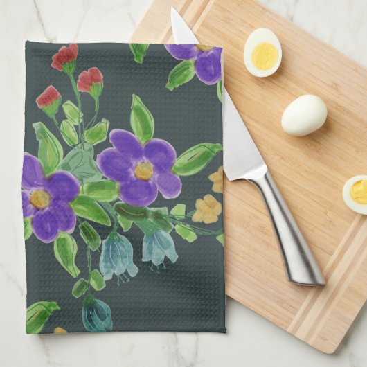 Turquoise Artsy Floral Theedoek (Quarter Fold)