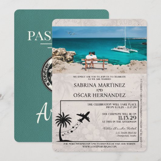 Turquoise Aruba Passport Huwelijksuitnodiging Kaart (Voorkant / Achterkant)
