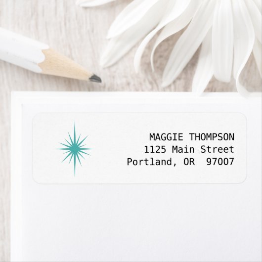 Turquoise Atomic Starburst Retro Mideeuw Etiket (Insitu)