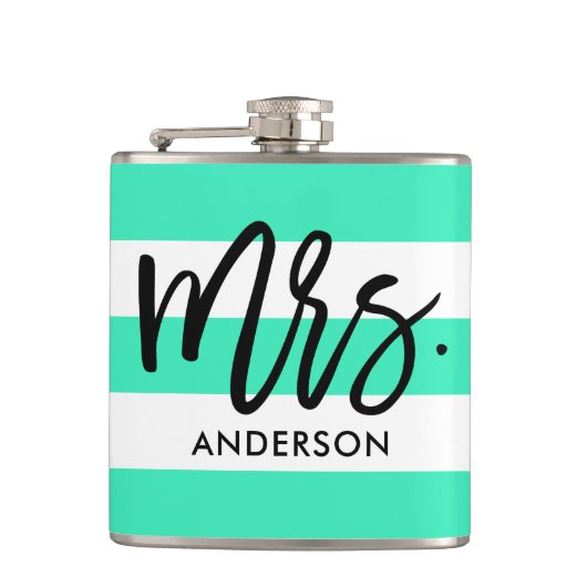 Turquoise Awning Stripes en Mrs Text Heupfles (Voorkant)