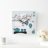 Turquoise Aziatische thee set vlinders in bloesem Vierkante Klok (Huis)