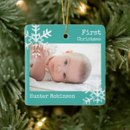 Turquoise Baby Eerste Kerst Foto Keramisch Ornament