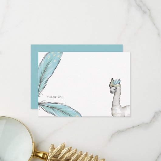 Turquoise Baby shower Boho Lama Bedankt Opmerking (Voorkant / Achterkant in situ)