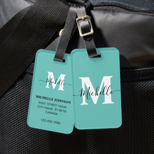 Turquoise Bagagelabel met Monogram