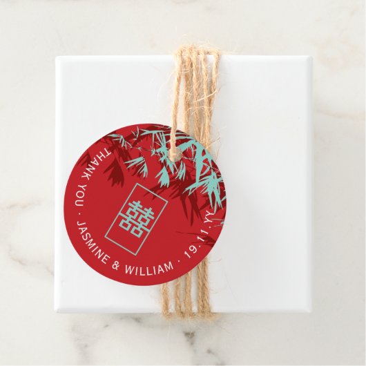 Turquoise bamboe blaadjes dubbel xi chinees bruilo bedankjes labels (In situ)