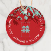 Turquoise bamboe blaadjes dubbel xi chinees bruilo bedankjes labels (Voorkant)