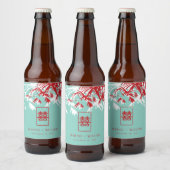 Turquoise bamboe blaadjes dubbel xi chinees bruilo bier etiket (Flessen)