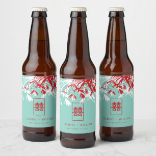 Turquoise bamboe blaadjes dubbel xi chinees bruilo bier etiket