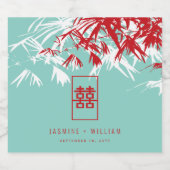 Turquoise bamboe blaadjes dubbel xi chinees bruilo bier etiket (Enkel label)