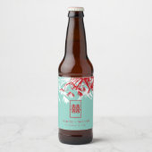 Turquoise bamboe blaadjes dubbel xi chinees bruilo bier etiket (Voorkant)