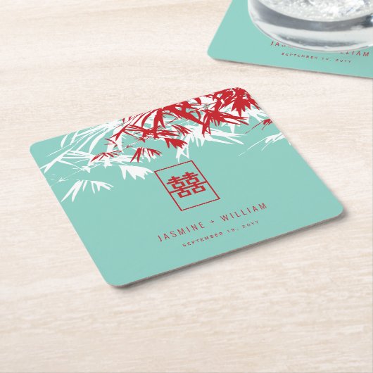 Turquoise bamboe blaadjes dubbel xi chinees bruilo kartonnen onderzetters (Schuin)