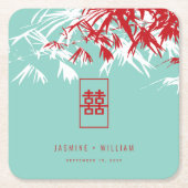 Turquoise bamboe blaadjes dubbel xi chinees bruilo kartonnen onderzetters (Voorkant)