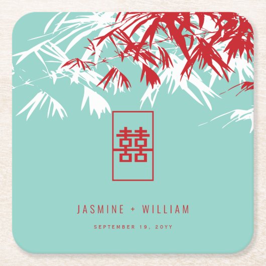 Turquoise bamboe blaadjes dubbel xi chinees bruilo kartonnen onderzetters (Voorkant)