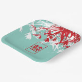 Turquoise bamboe blaadjes dubbel xi chinees bruilo papieren bordje (Gebogen)