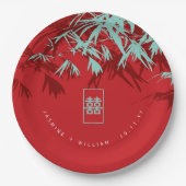 Turquoise bamboe blaadjes dubbel xi chinees bruilo papieren bordje (Voorkant)