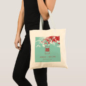 Turquoise bamboe blaadjes dubbel xi chinees bruilo tote bag (Voorkant (product))