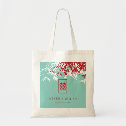 Turquoise bamboe blaadjes dubbel xi chinees bruilo tote bag (Voorkant)