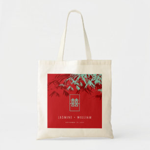 Turquoise bamboe blaadjes dubbel xi chinees bruilo tote bag