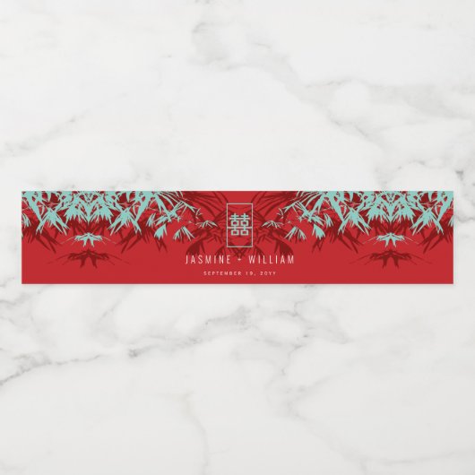 Turquoise bamboe blaadjes dubbel xi chinees bruilo waterfles etiket (Enkel label)