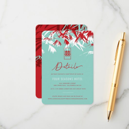 Turquoise Bamboo Leaves Chinese Wedding Details Informatiekaartje (Voorkant / Achterkant in situ)
