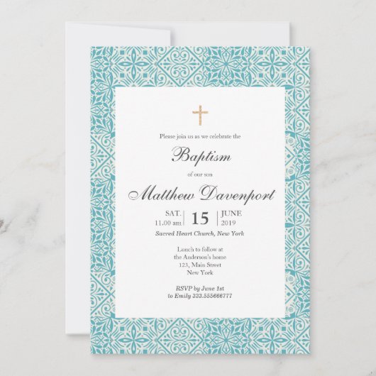 Turquoise Baptism-uitnodiging met trendy tegels. Kaart (Voorkant)