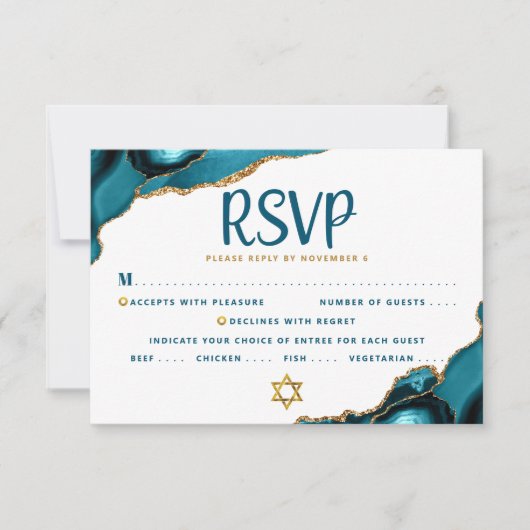 Turquoise Bar Mitzvah Agate Script Bold Modern RSVP Kaartje (Voorkant)