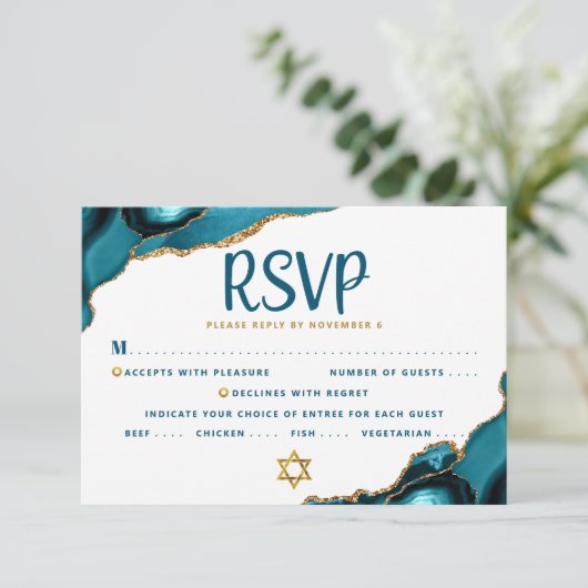 Turquoise Bar Mitzvah Agate Script Bold Modern RSVP Kaartje (Staand voorkant)