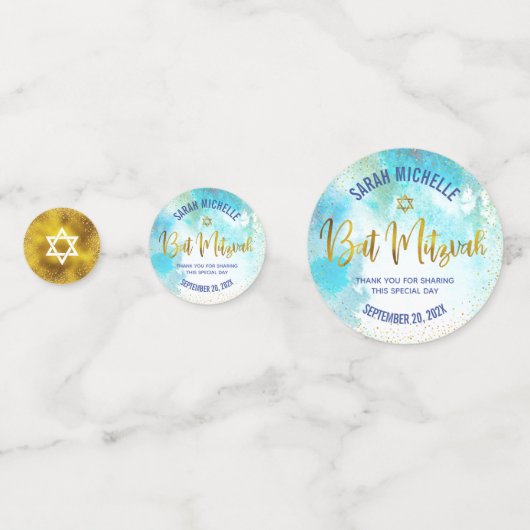 Turquoise Bat Mitzvah Gold Foil Script Waterverf Confetti (Voorkanten)