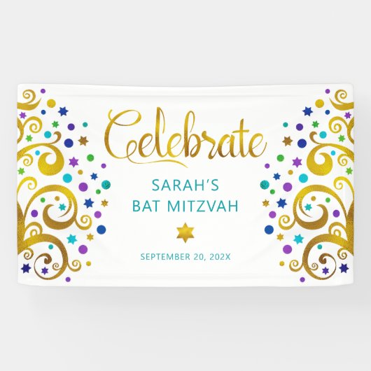 Turquoise Bat Mitzvah Goud Folie Schrift Boom van Spandoek (Horizontaal)