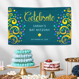 Turquoise Bat Mitzvah Gouden Script Boom des Leven Spandoek