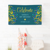 Turquoise Bat Mitzvah Gouden Script Boom des Leven Spandoek (Insitu)