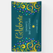 Turquoise Bat Mitzvah Gouden Script Boom des Leven Spandoek (Verticaal)