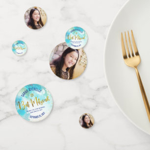 Turquoise Bat Mitzvah Photo Gold Script-Waterverf Confetti