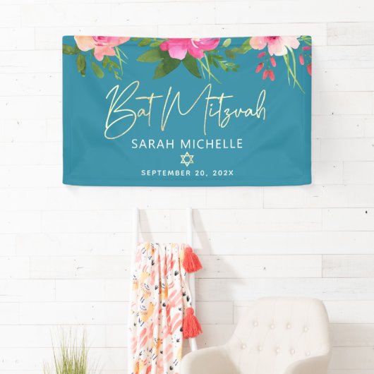 Turquoise Bat Mitzvah Roze Bloem Goud Schrift Vet Spandoek (Insitu)