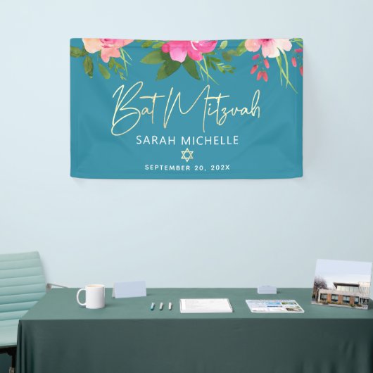 Turquoise Bat Mitzvah Roze Bloem Goud Schrift Vet Spandoek (Beurs)