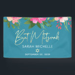 Turquoise Bat Mitzvah Roze Bloem Goud Schrift Vet Spandoek<br><div class="desc">Heerlijk welkom aan elke gast op het Bat Mitzvah-feest van uw dochter! Hang deze prachtige, moderne, stijlvolle, gepersonaliseerde banner op om haar speciale dag nog mooier te maken. Een chic, adembenemend, roze en perzik bloemrijk waterverf met namaak goud folie script lettertype, Davidster en witte schreefloze letters op een stoffige turquoise...</div>