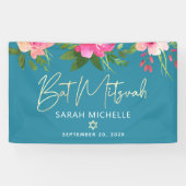 Turquoise Bat Mitzvah Roze Bloem Goud Schrift Vet Spandoek (Horizontaal)